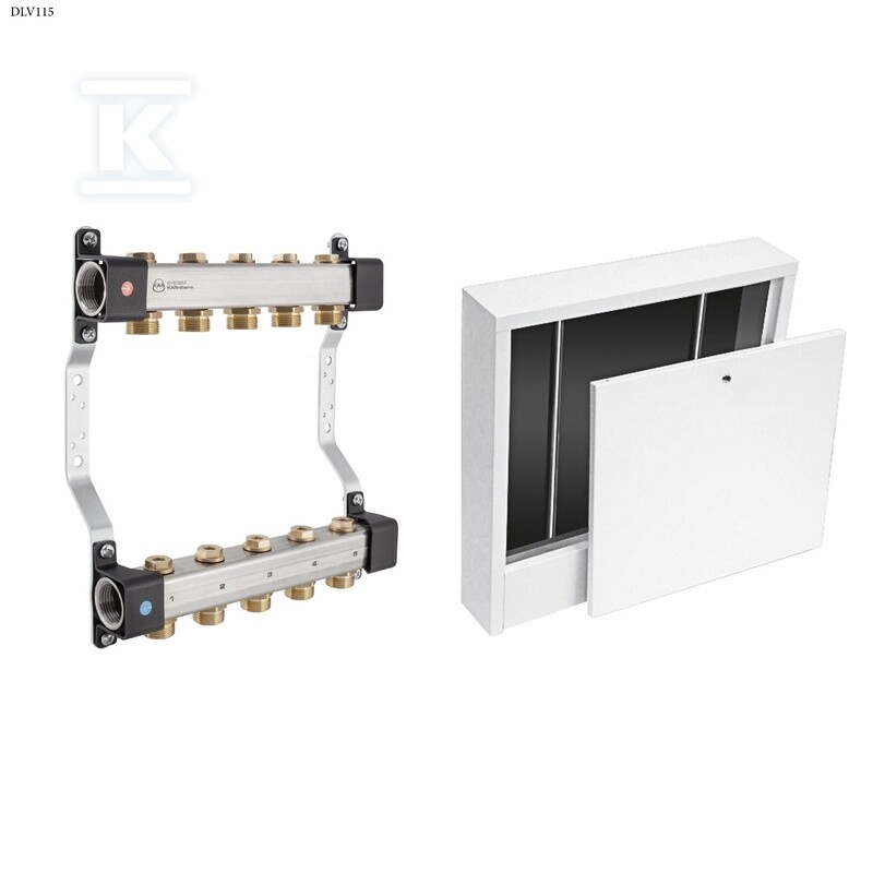 Rozdzielacz InoxFlow z zaworami odcinającymi (seria RVV) rozstaw 50 mm - 4 obwody w zestawie z szafka natynkowa SWNE - 4 (585x350x110)