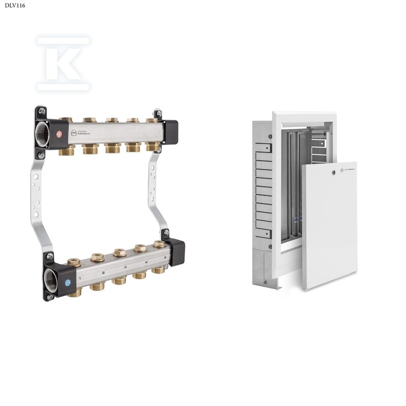 Rozdzielacz InoxFlow z zaworami odcinającymi (seria RVV) rozstaw 50 mm - 4 obwody w zestawie z szafka podtynkowa SWPSE - 4 (560-660x350x110-160)