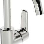 Bateria umywalkowa Oras Saga z wysoką obrotową wylewką, bocznym uchwytem, bez zaworu spustowego.