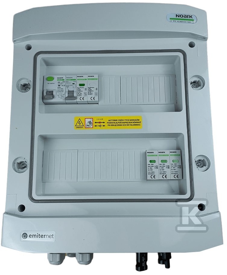 Rozdzielnica DCAC hermetyczna IP65 EMITER z ogranicznikiem przepięć DC Noark 1000V typu 1+2, 1 x MPPT / ogr. AC Noark typ 1+2, 10A 1-F